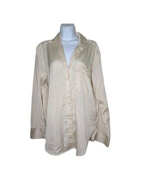 Abercrombie & Fitch M Beige Striped Button-Down Long-Sleeve Satin Sleep Shirt